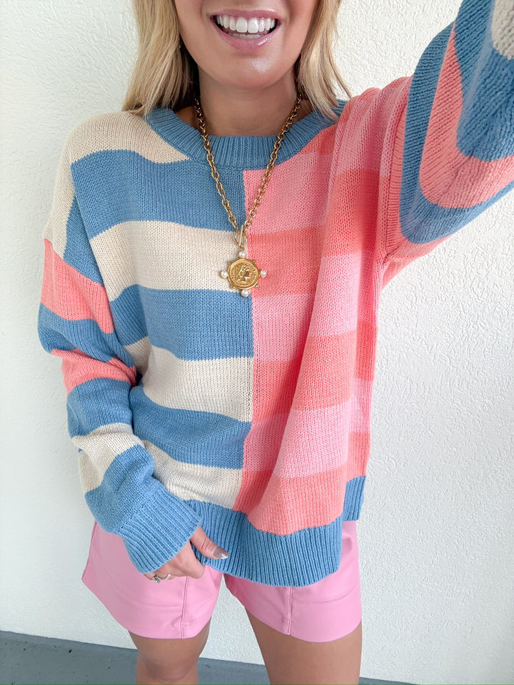 PRE-ORDER: BLUE + PINK COLORBLOCK SWEATER