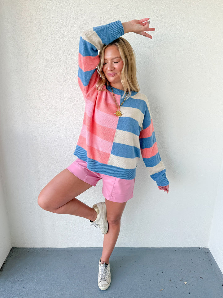 PRE-ORDER: BLUE + PINK COLORBLOCK SWEATER