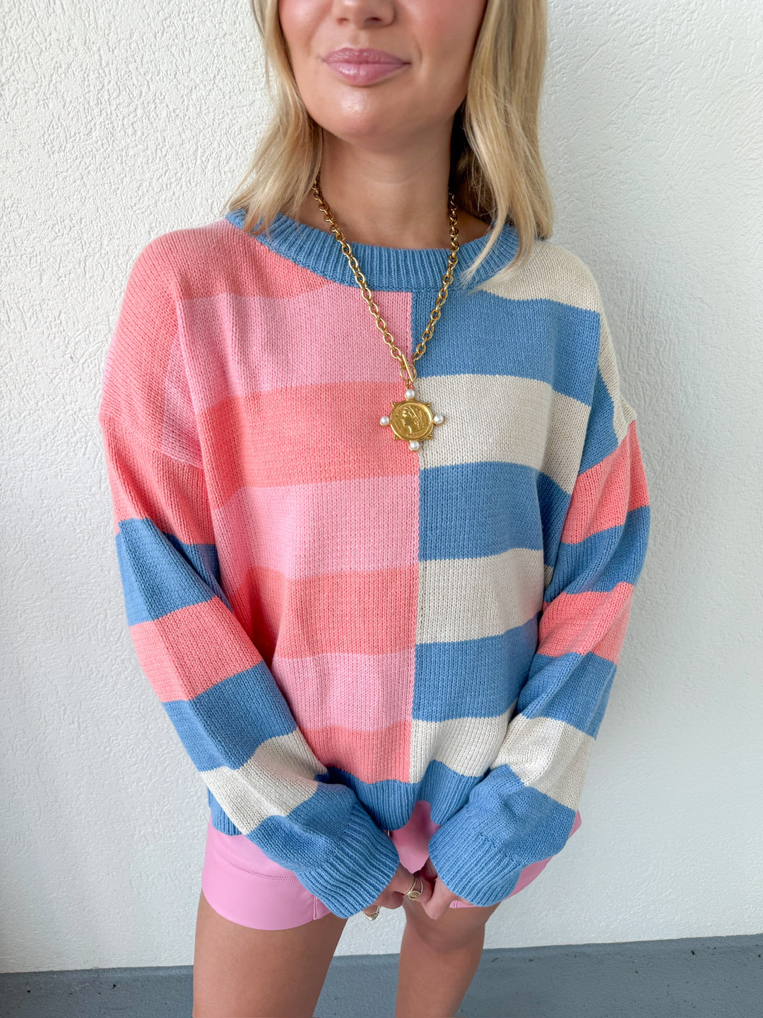 PRE-ORDER: BLUE + PINK COLORBLOCK SWEATER