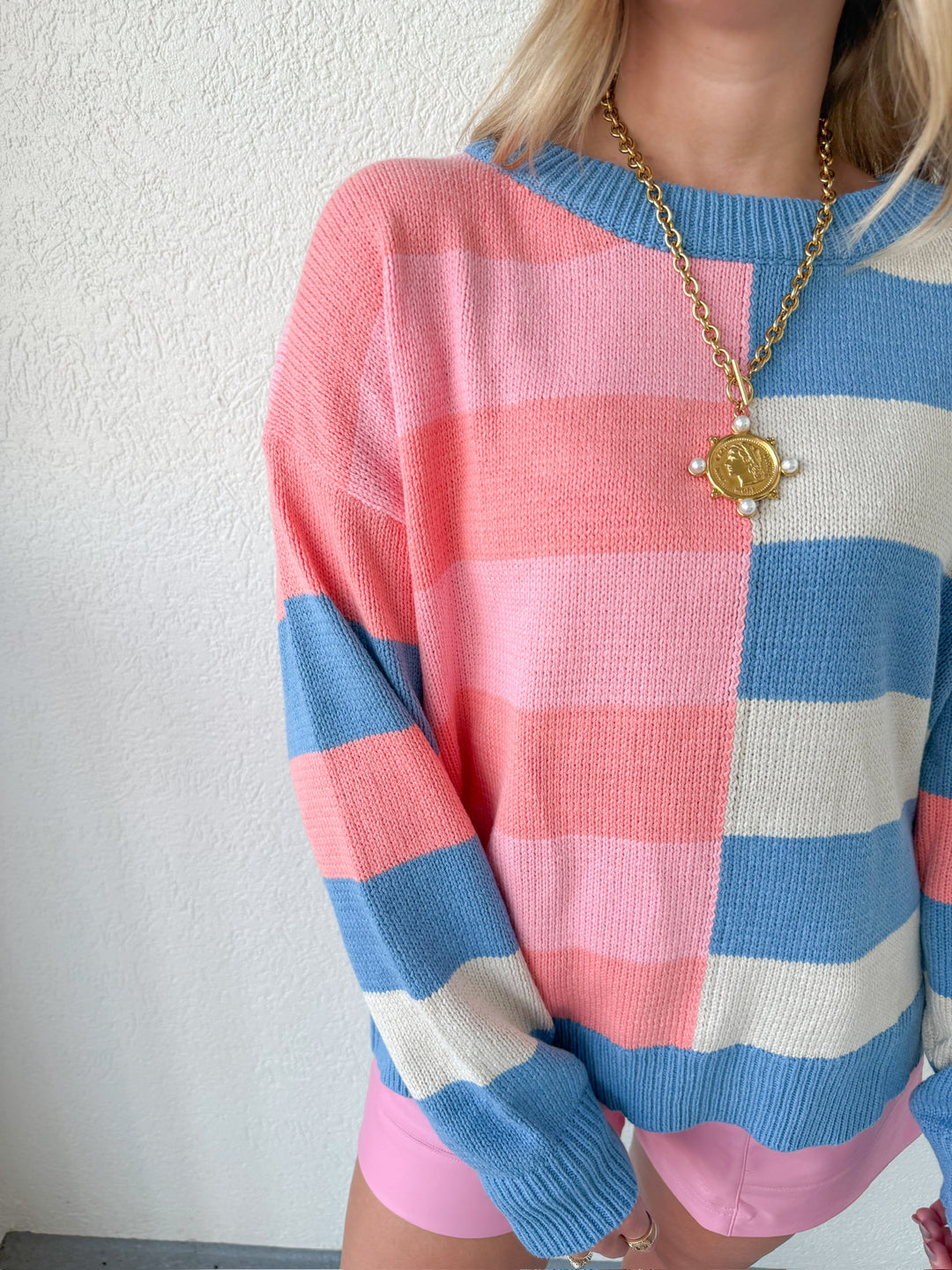 PRE-ORDER: BLUE + PINK COLORBLOCK SWEATER