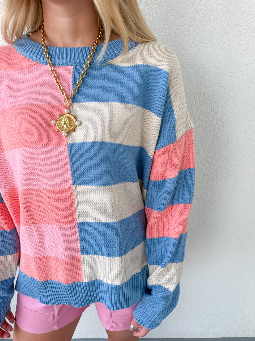 PRE-ORDER: BLUE + PINK COLORBLOCK SWEATER