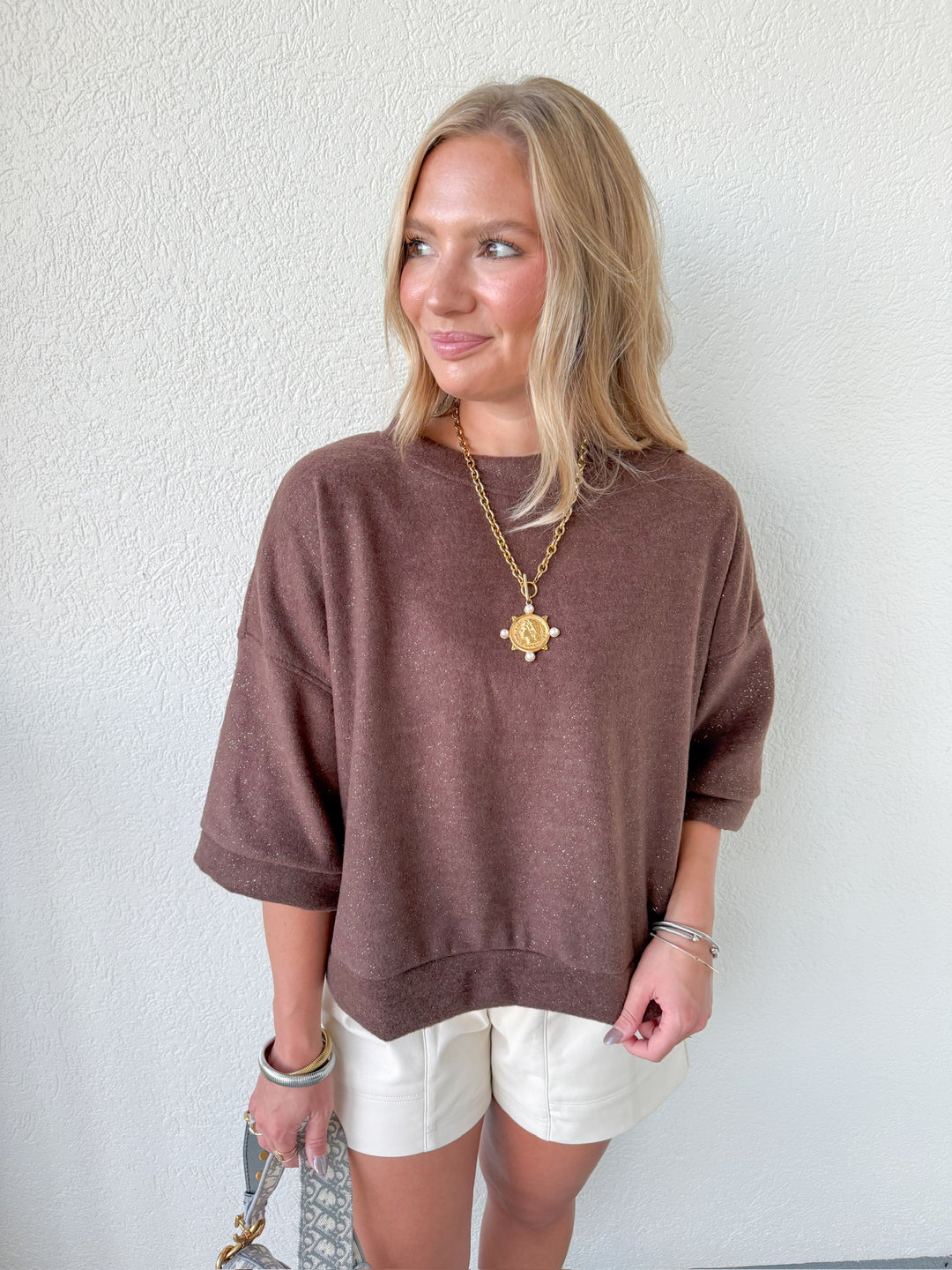 SHIMMER UP SHORT SLEEVE SWEATER
