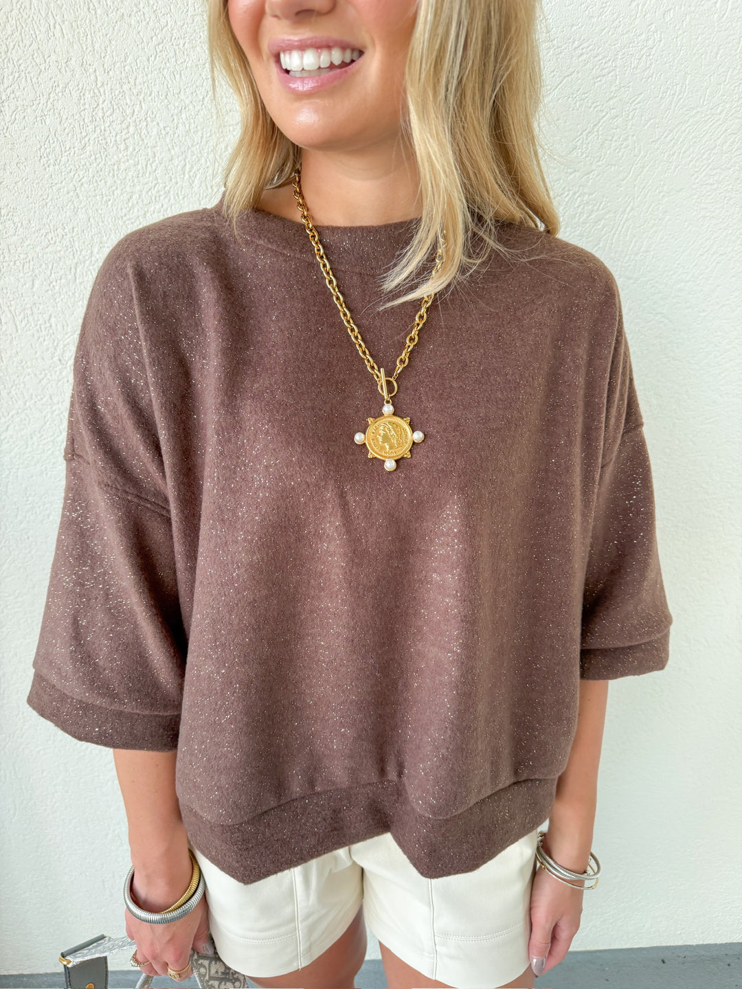 SHIMMER UP SHORT SLEEVE SWEATER