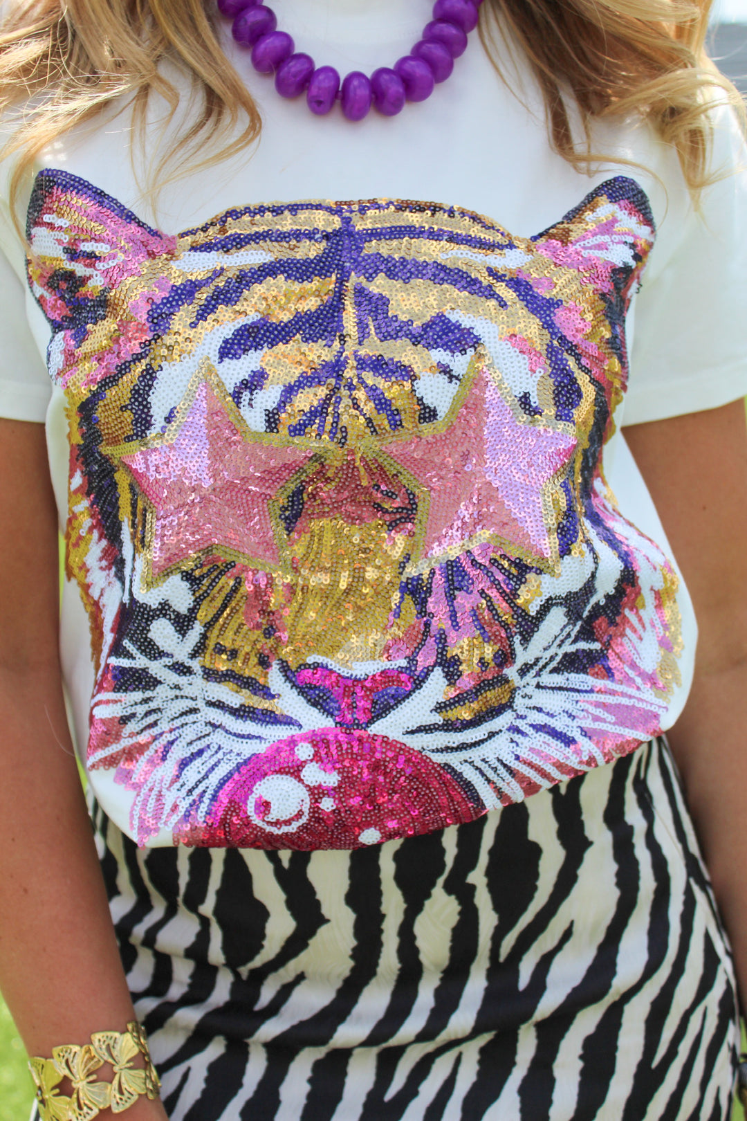 POP OFF TIGER FACE SEQUIN TEE