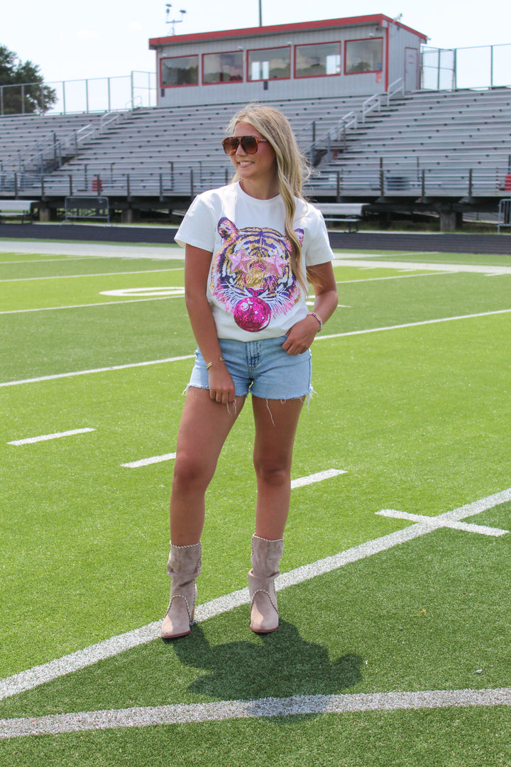POP OFF TIGER FACE SEQUIN TEE
