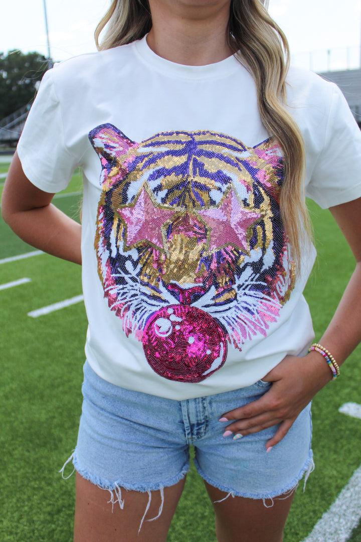 POP OFF TIGER FACE SEQUIN TEE