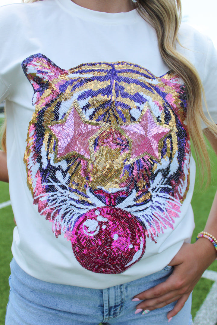 POP OFF TIGER FACE SEQUIN TEE