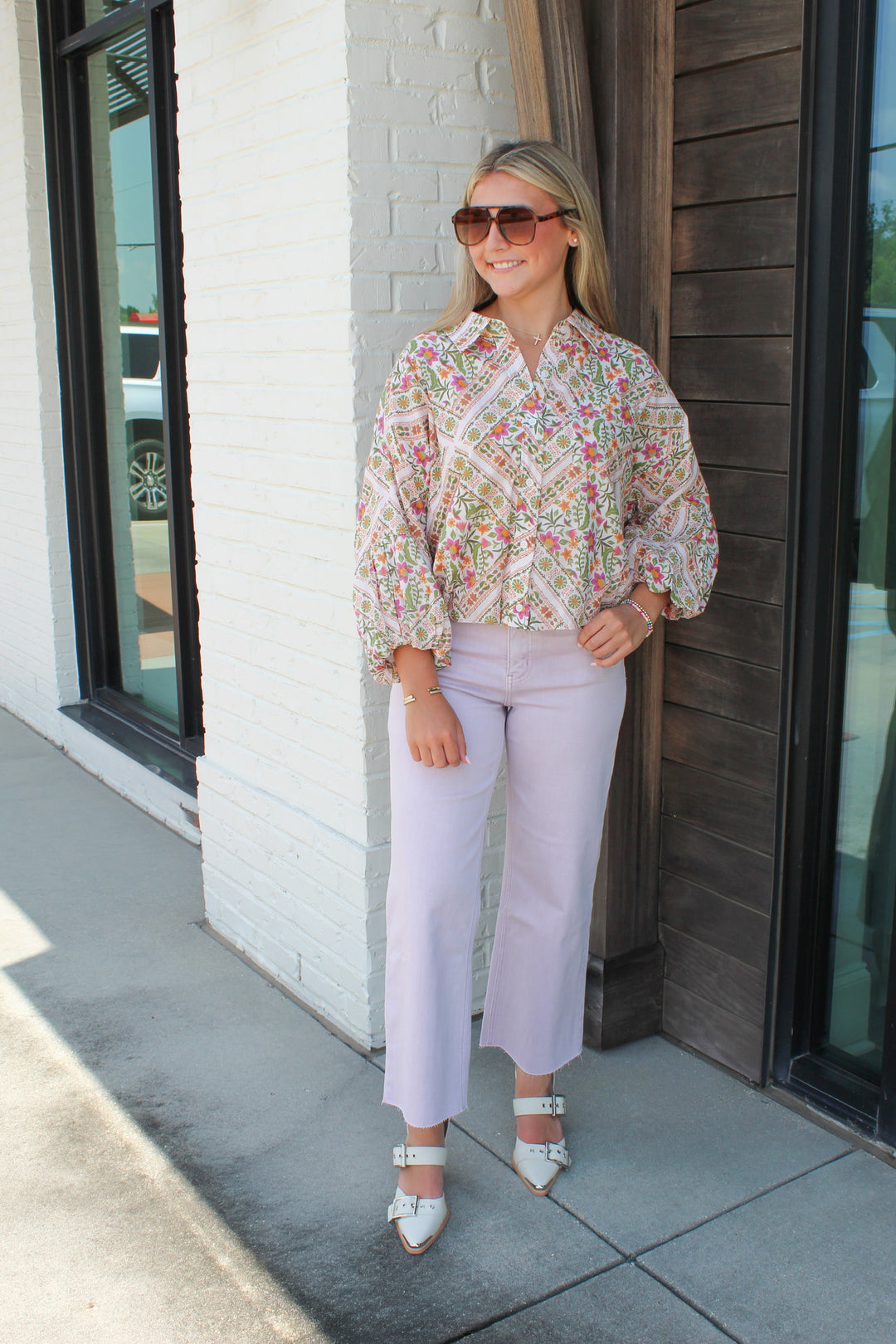 HARVEST BLOOM BUTTON DOWN BUBBLE SLEEVE BLOUSE
