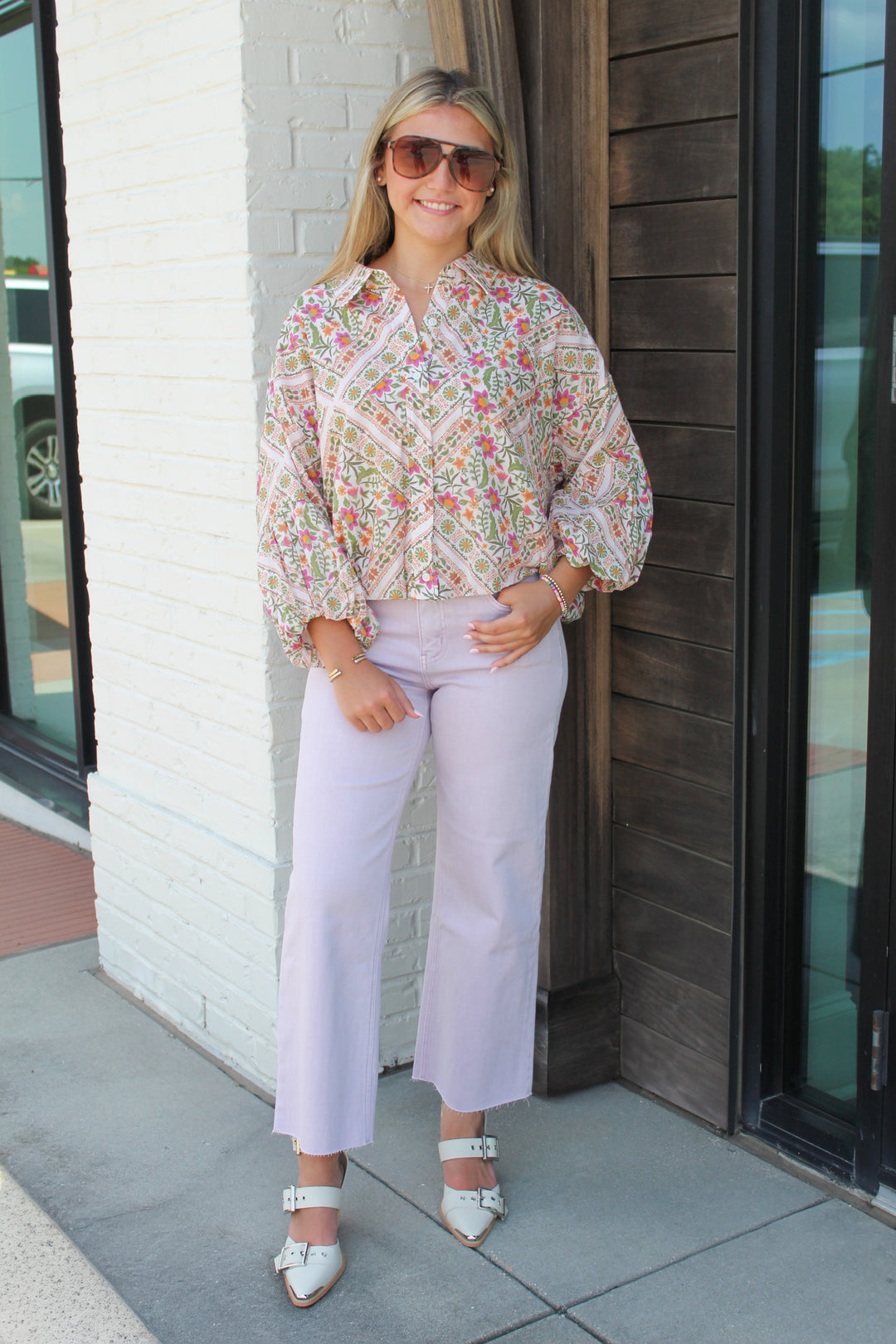 HARVEST BLOOM BUTTON DOWN BUBBLE SLEEVE BLOUSE