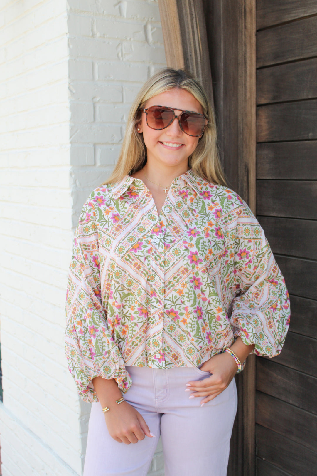 HARVEST BLOOM BUTTON DOWN BUBBLE SLEEVE BLOUSE