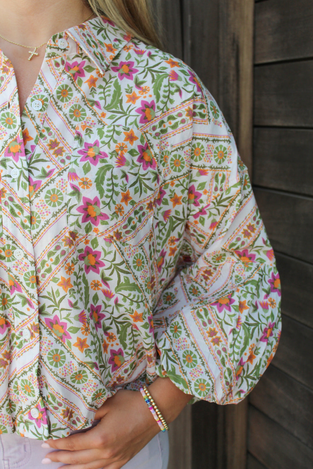 HARVEST BLOOM BUTTON DOWN BUBBLE SLEEVE BLOUSE