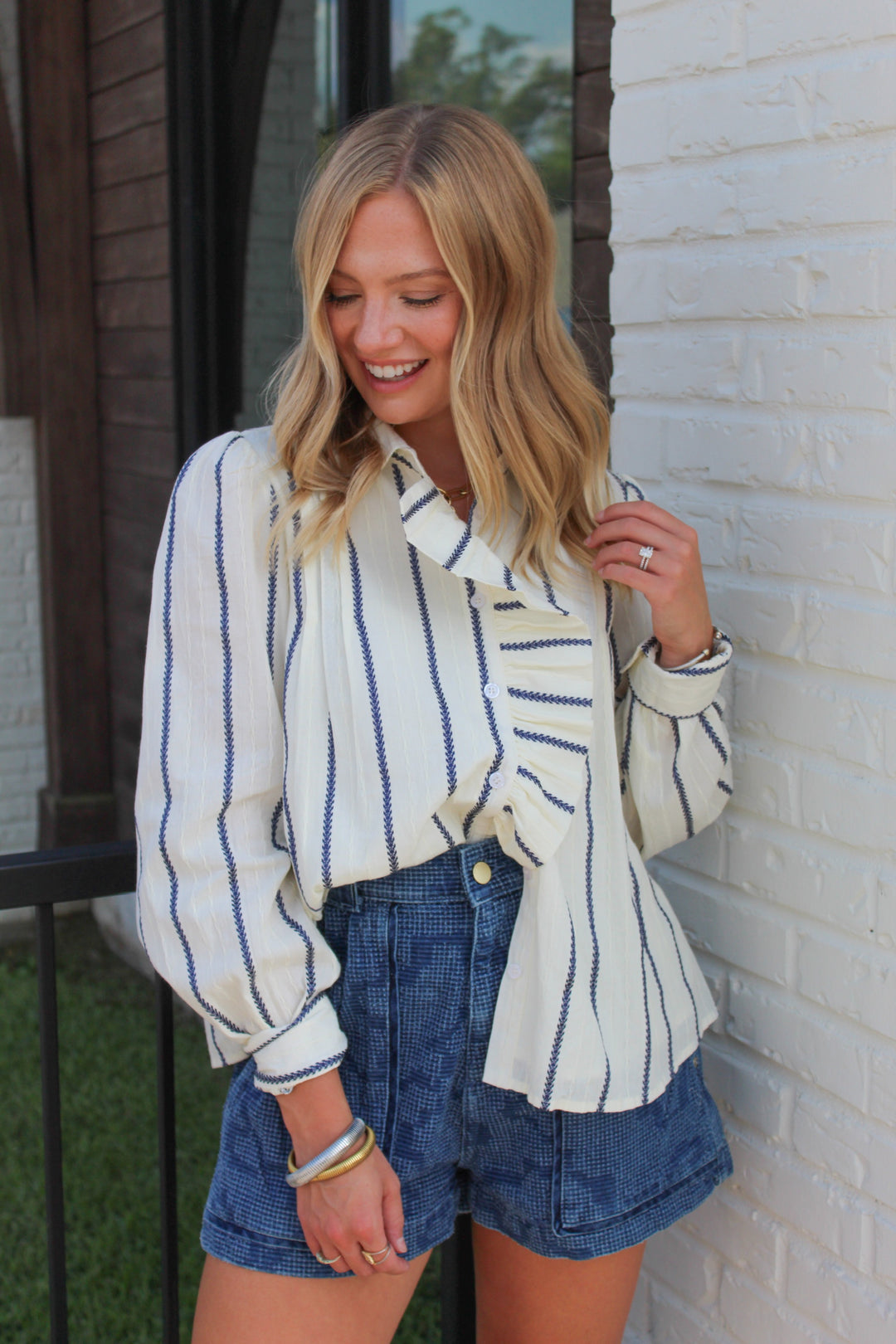 RUFFLE AROUND BUTTON DOWN STRIPED BLOUSE
