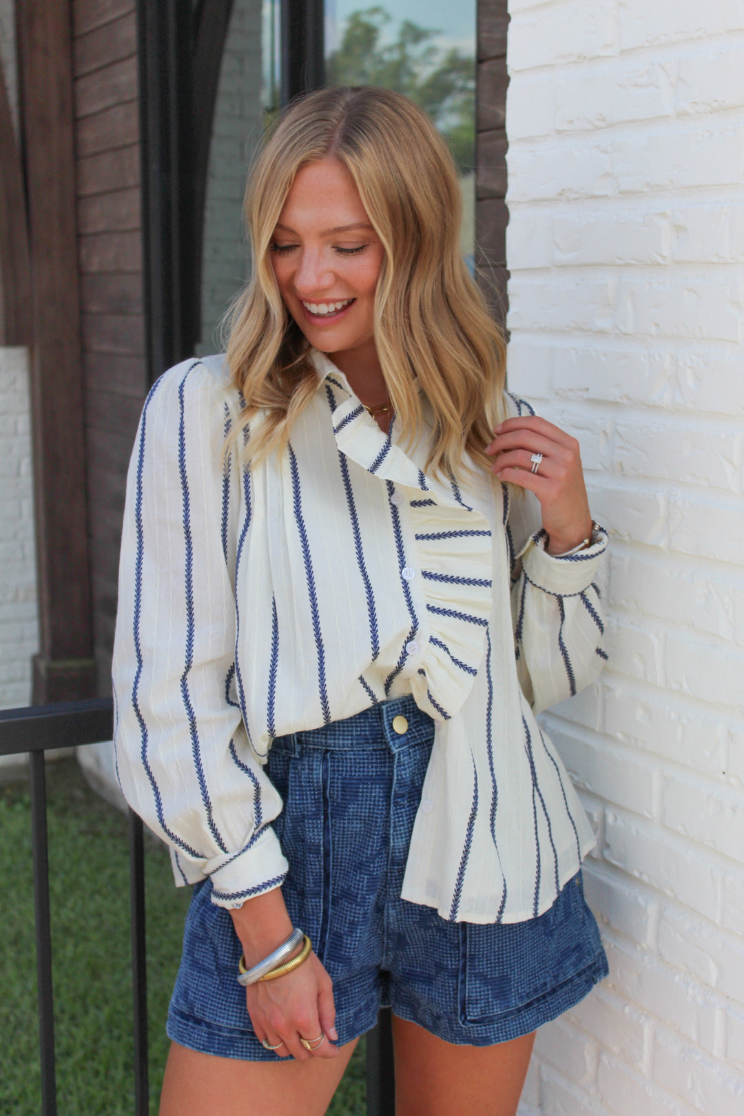 RUFFLE AROUND BUTTON DOWN STRIPED BLOUSE