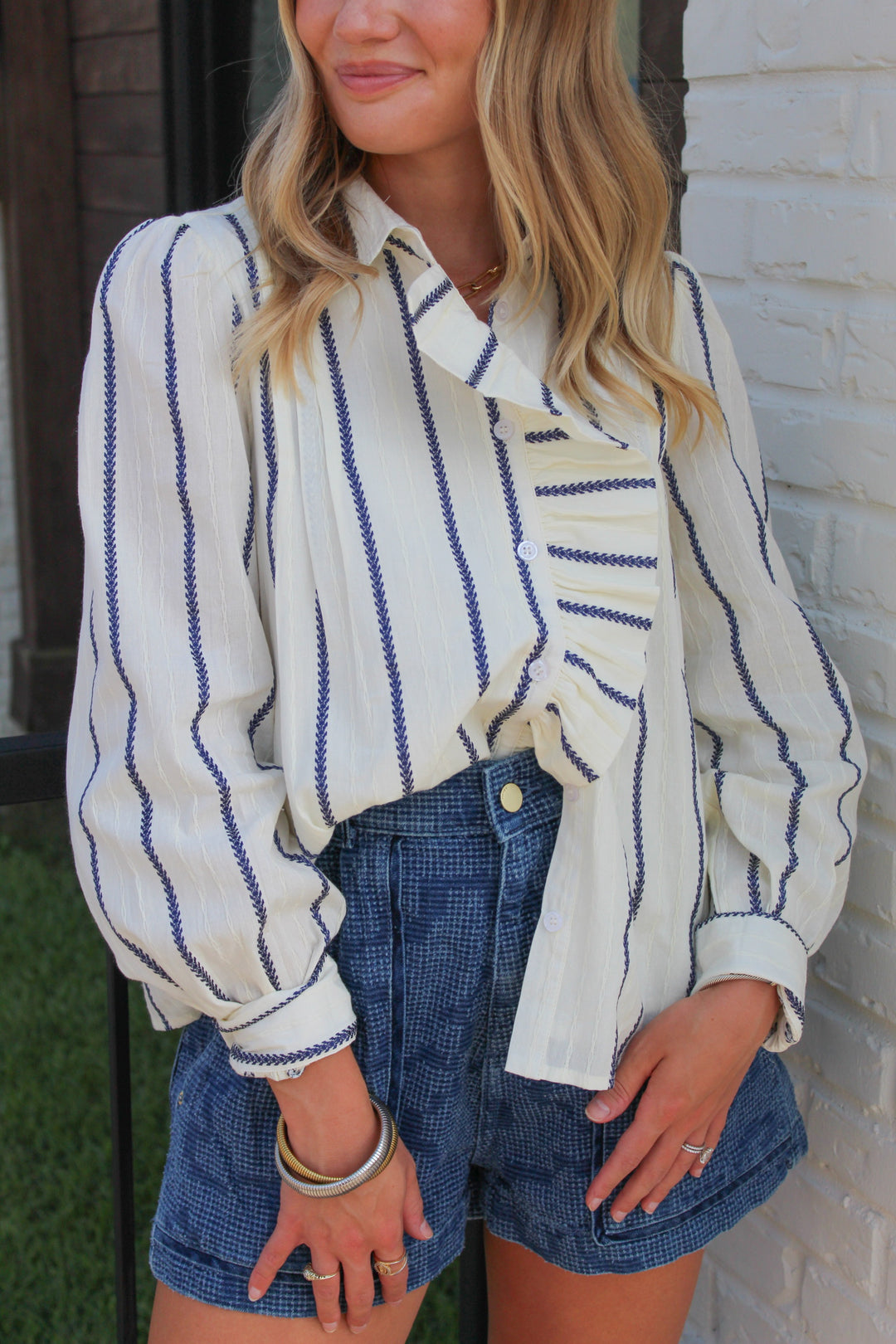 RUFFLE AROUND BUTTON DOWN STRIPED BLOUSE
