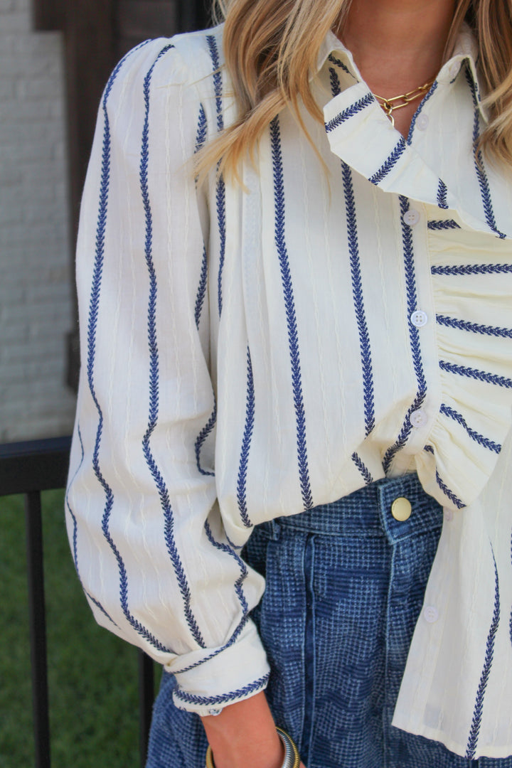RUFFLE AROUND BUTTON DOWN STRIPED BLOUSE