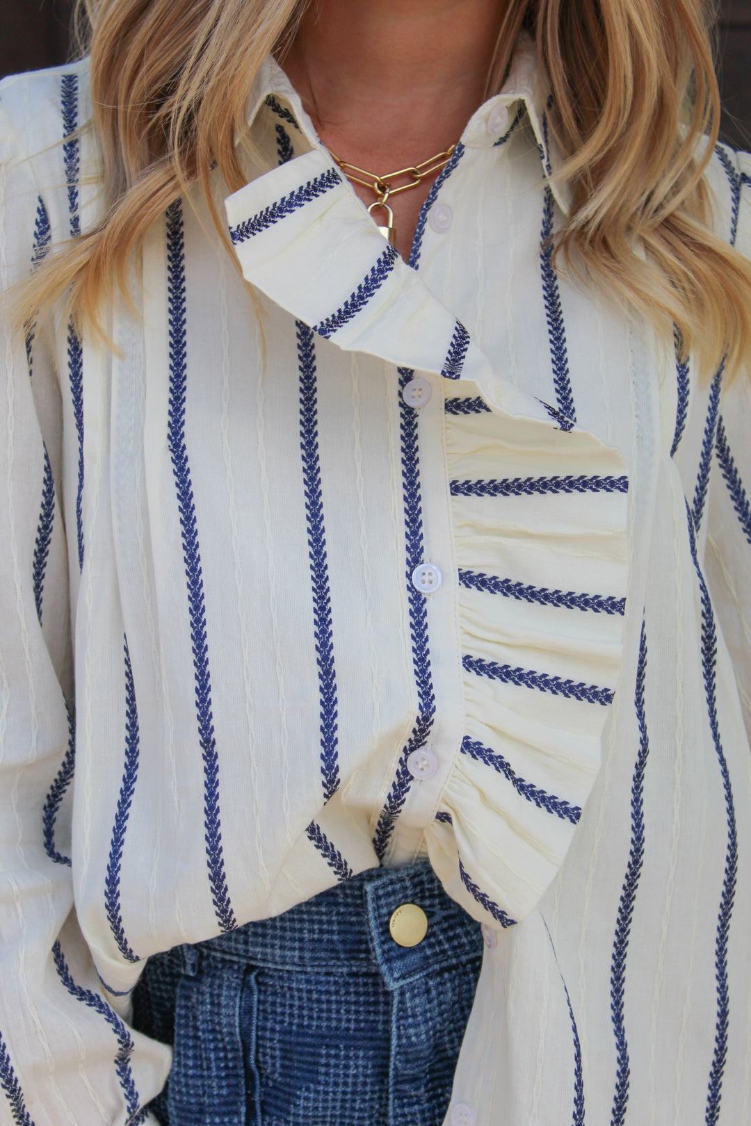RUFFLE AROUND BUTTON DOWN STRIPED BLOUSE