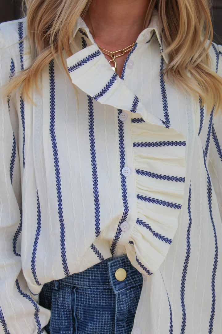RUFFLE AROUND BUTTON DOWN STRIPED BLOUSE