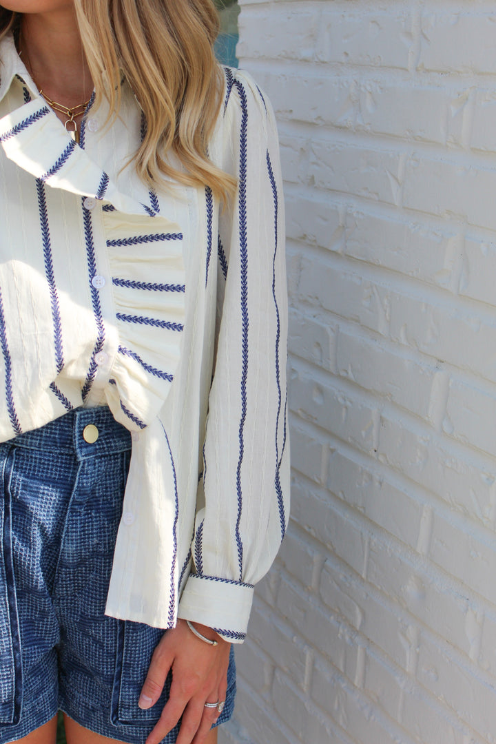 RUFFLE AROUND BUTTON DOWN STRIPED BLOUSE