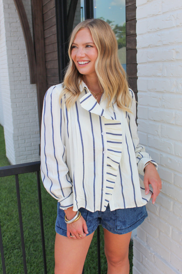 RUFFLE AROUND BUTTON DOWN STRIPED BLOUSE
