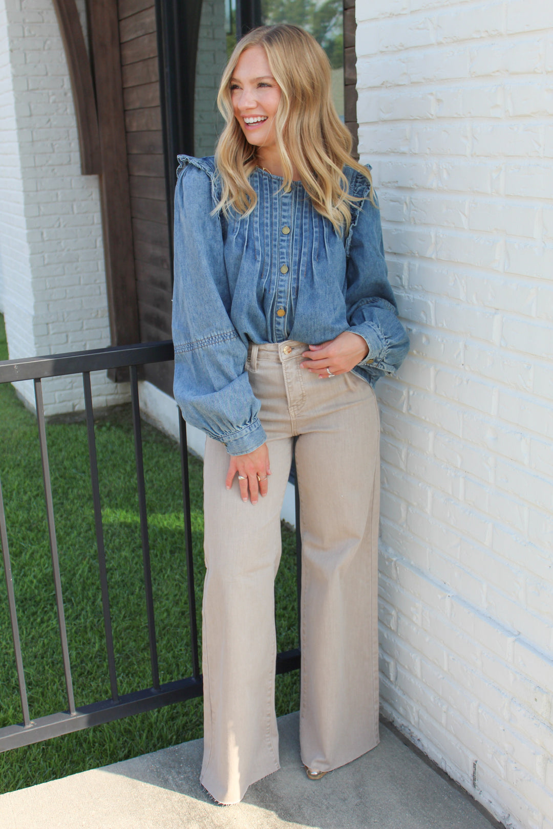 ALL ABOUT DENIM PLEATED LONG SLEEVE BUTTON DOWN TOP