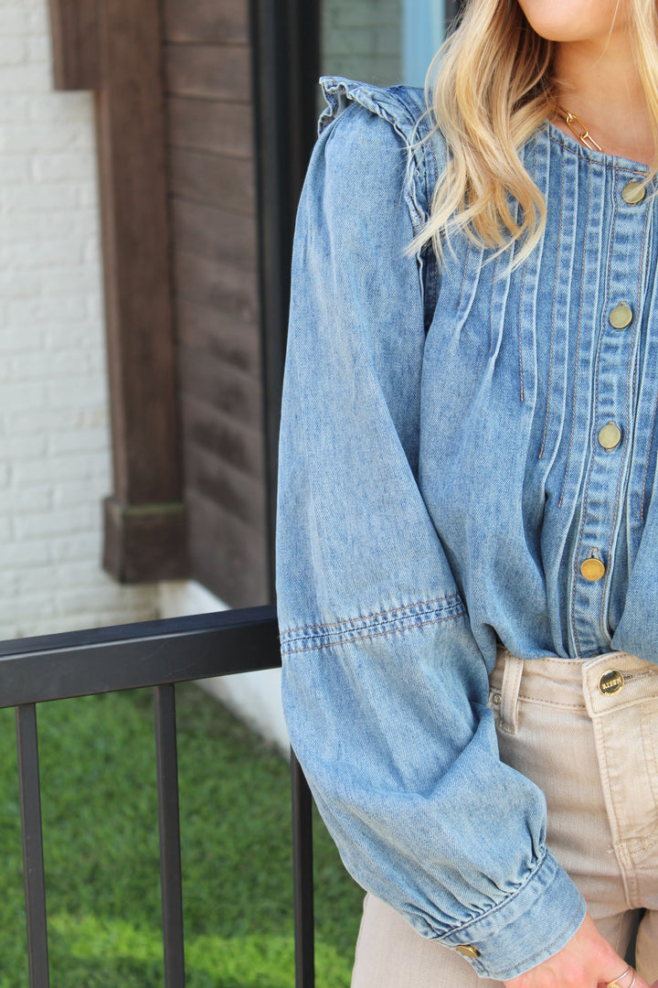 ALL ABOUT DENIM PLEATED LONG SLEEVE BUTTON DOWN TOP