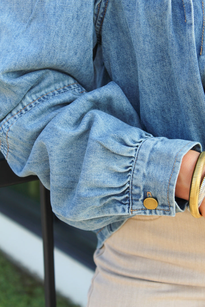 ALL ABOUT DENIM PLEATED LONG SLEEVE BUTTON DOWN TOP