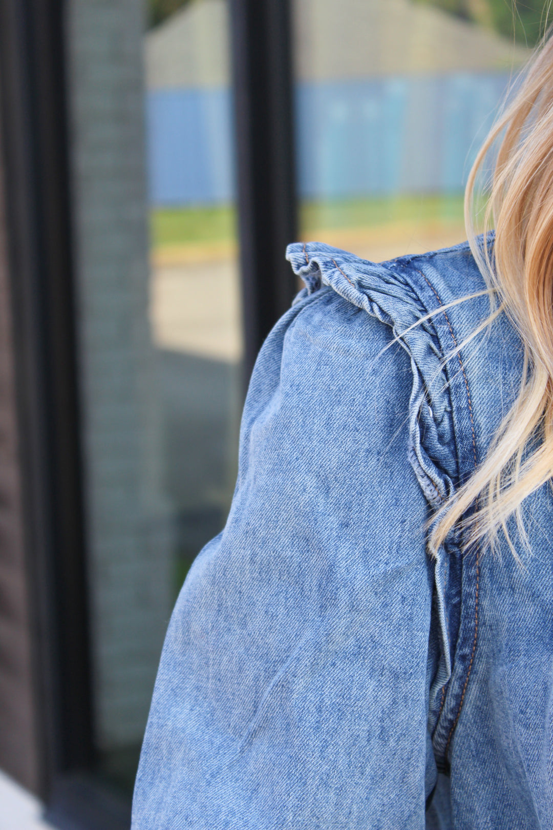 ALL ABOUT DENIM PLEATED LONG SLEEVE BUTTON DOWN TOP