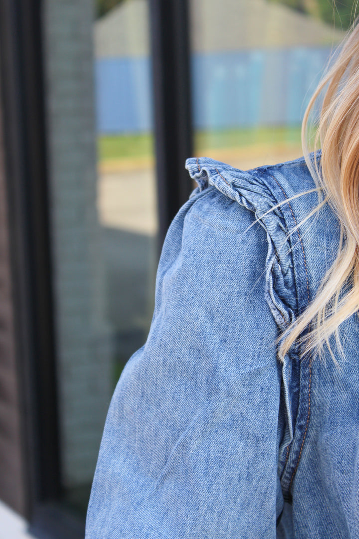 ALL ABOUT DENIM PLEATED LONG SLEEVE BUTTON DOWN TOP