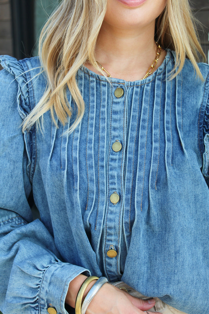 ALL ABOUT DENIM PLEATED LONG SLEEVE BUTTON DOWN TOP