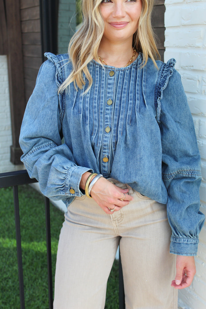 ALL ABOUT DENIM PLEATED LONG SLEEVE BUTTON DOWN TOP