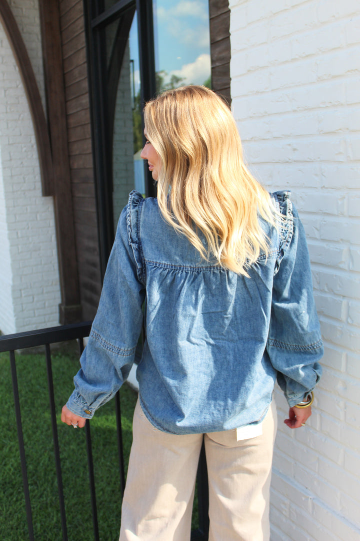 ALL ABOUT DENIM PLEATED LONG SLEEVE BUTTON DOWN TOP