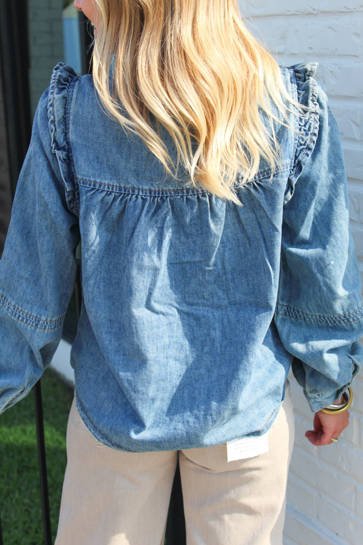 ALL ABOUT DENIM PLEATED LONG SLEEVE BUTTON DOWN TOP