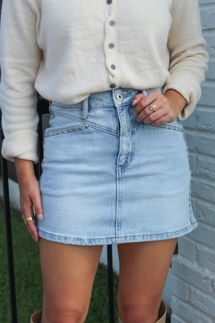 SHINE ON MINI DENIM STUDDED SKIRT