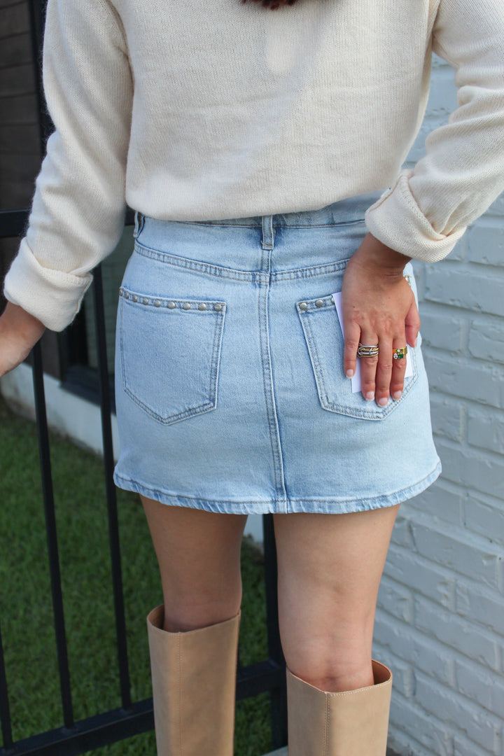 SHINE ON MINI DENIM STUDDED SKIRT