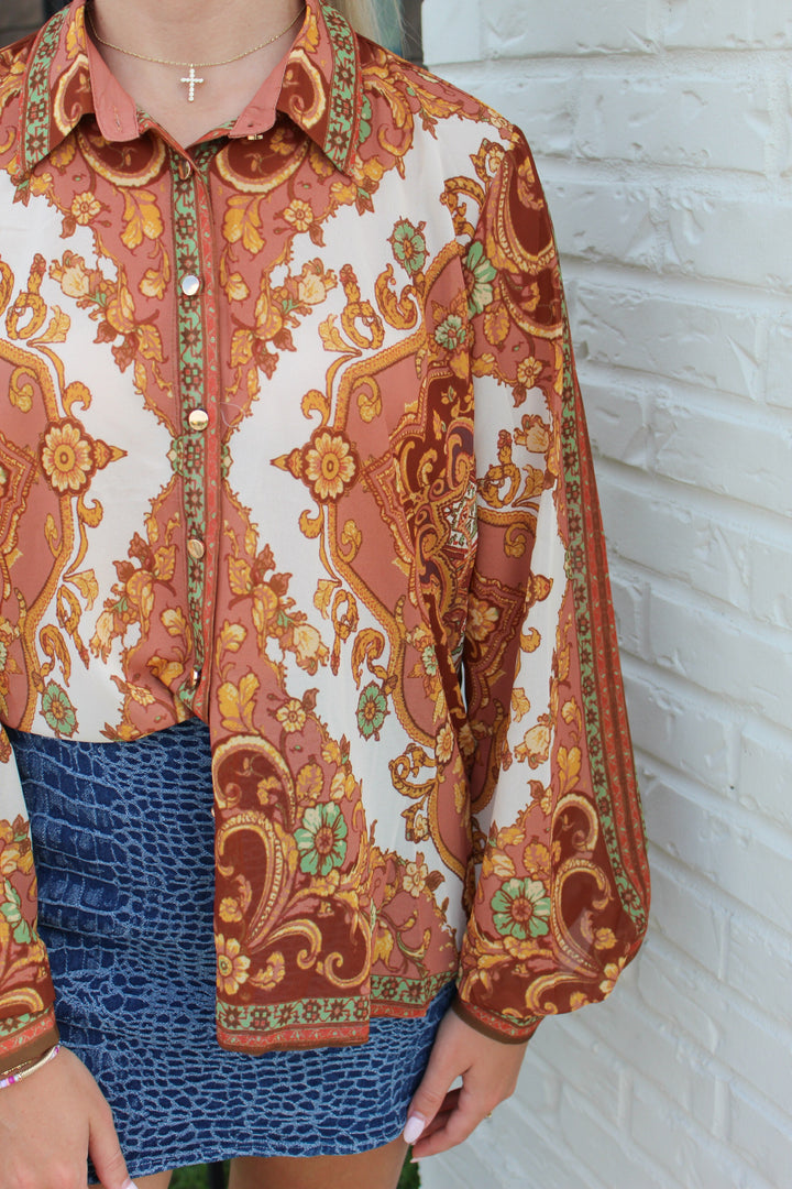 PRETTY IN PAISLEY LONG SLEEVE BUTTON UP TOP
