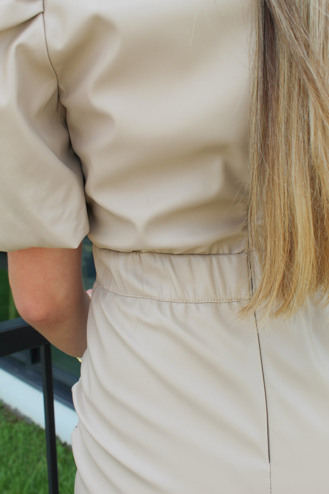 TOFFEE FAUX LEATHER PUFF SLEEVE DRESS