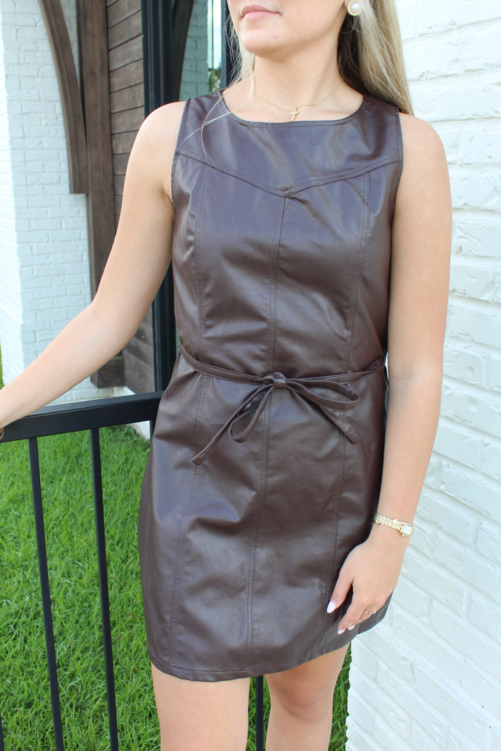 NO RULES BROWN LEATHER MINI DRESS