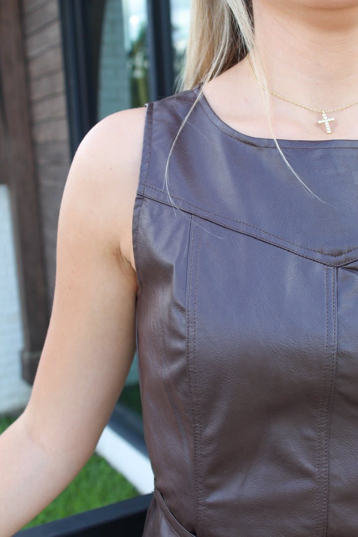 NO RULES BROWN LEATHER MINI DRESS