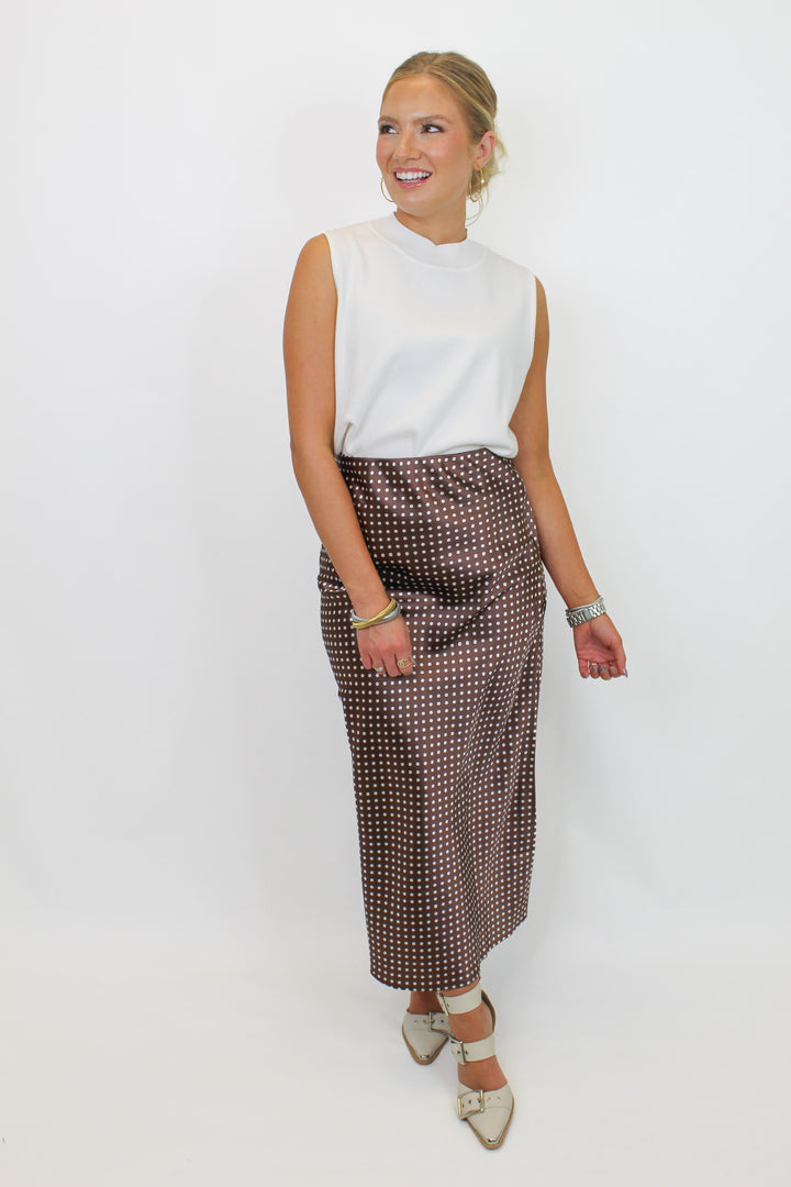 DOTTY BROWN POLKA DOT MIDI SKIRT