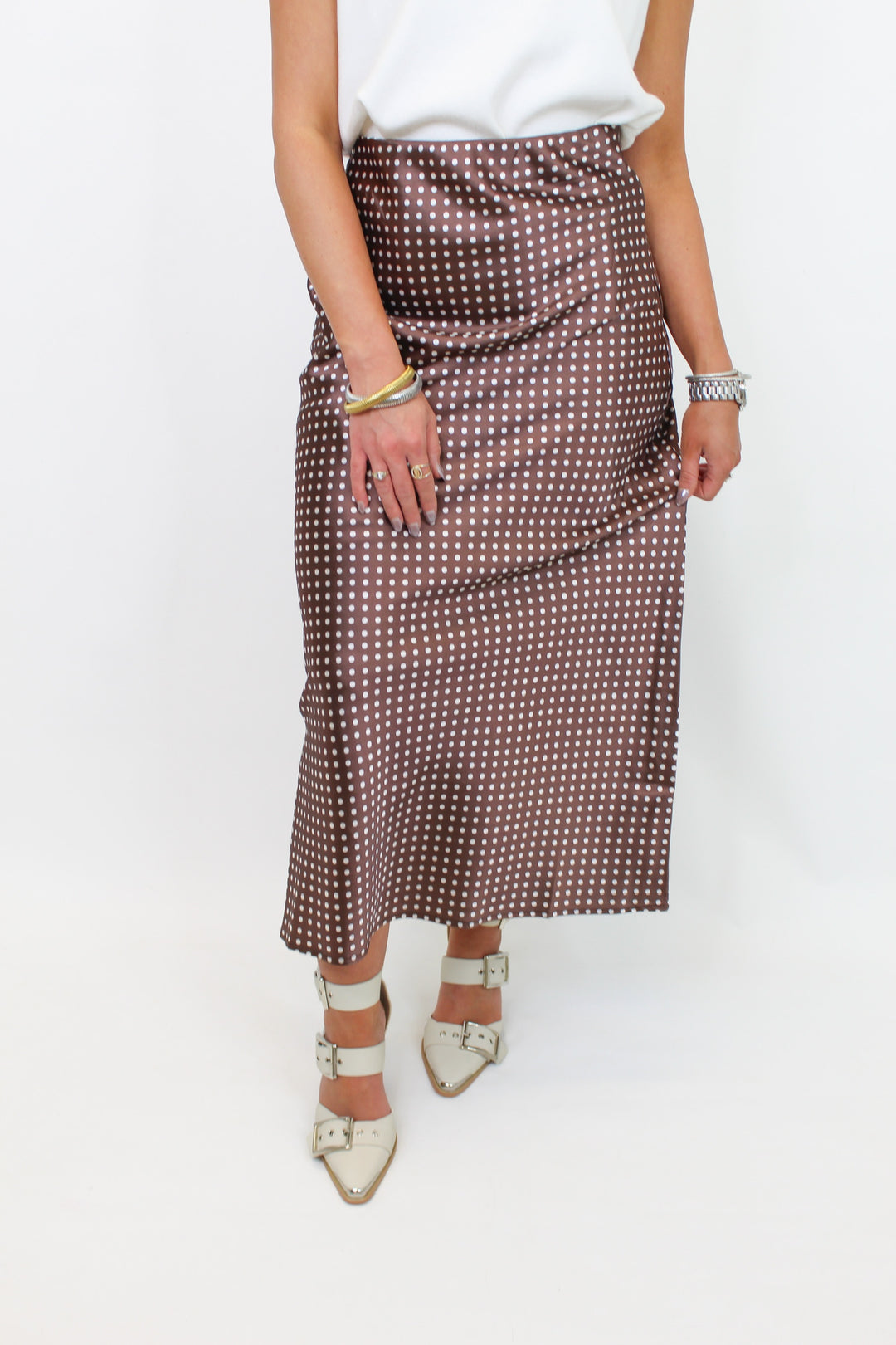 DOTTY BROWN POLKA DOT MIDI SKIRT