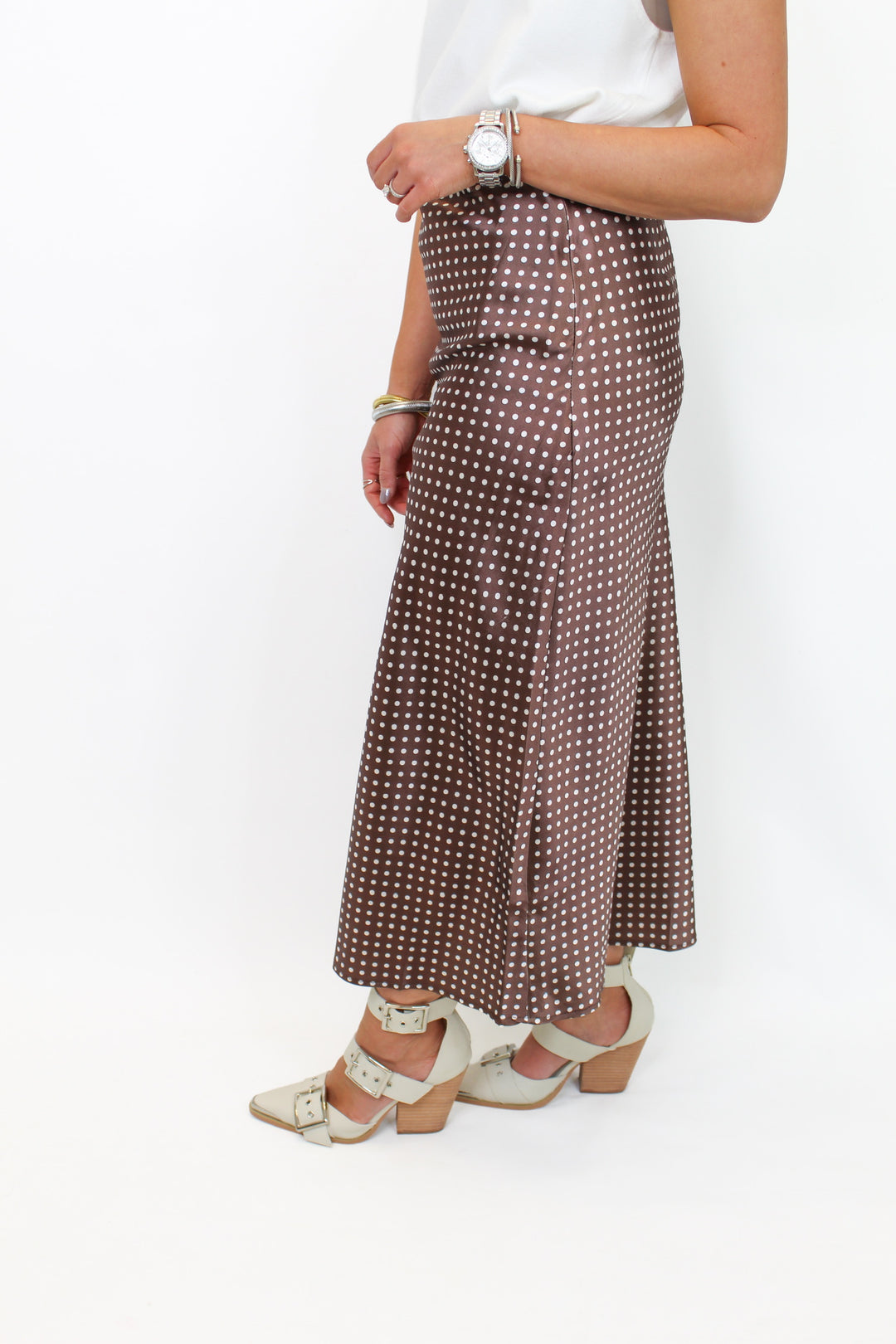 DOTTY BROWN POLKA DOT MIDI SKIRT