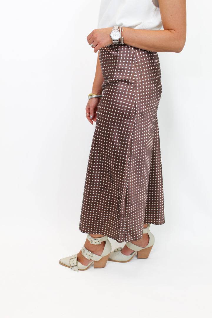 DOTTY BROWN POLKA DOT MIDI SKIRT