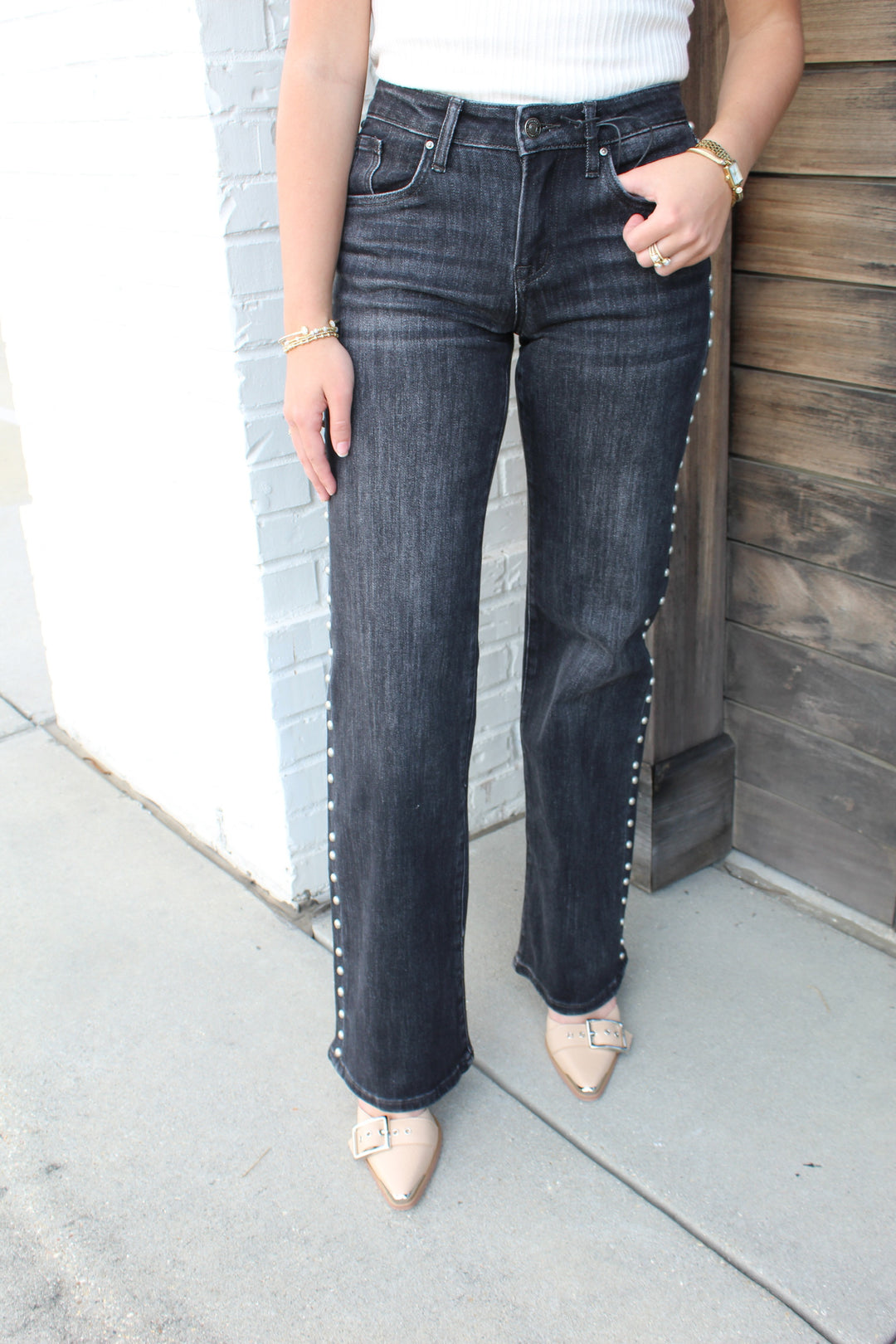 THE COLLINS BLACK MID RISE STUDDED JEAN