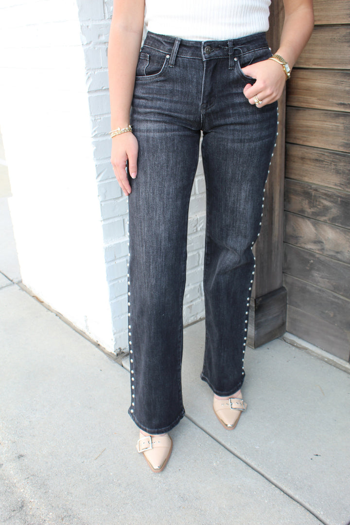 THE COLLINS BLACK MID RISE STUDDED JEAN