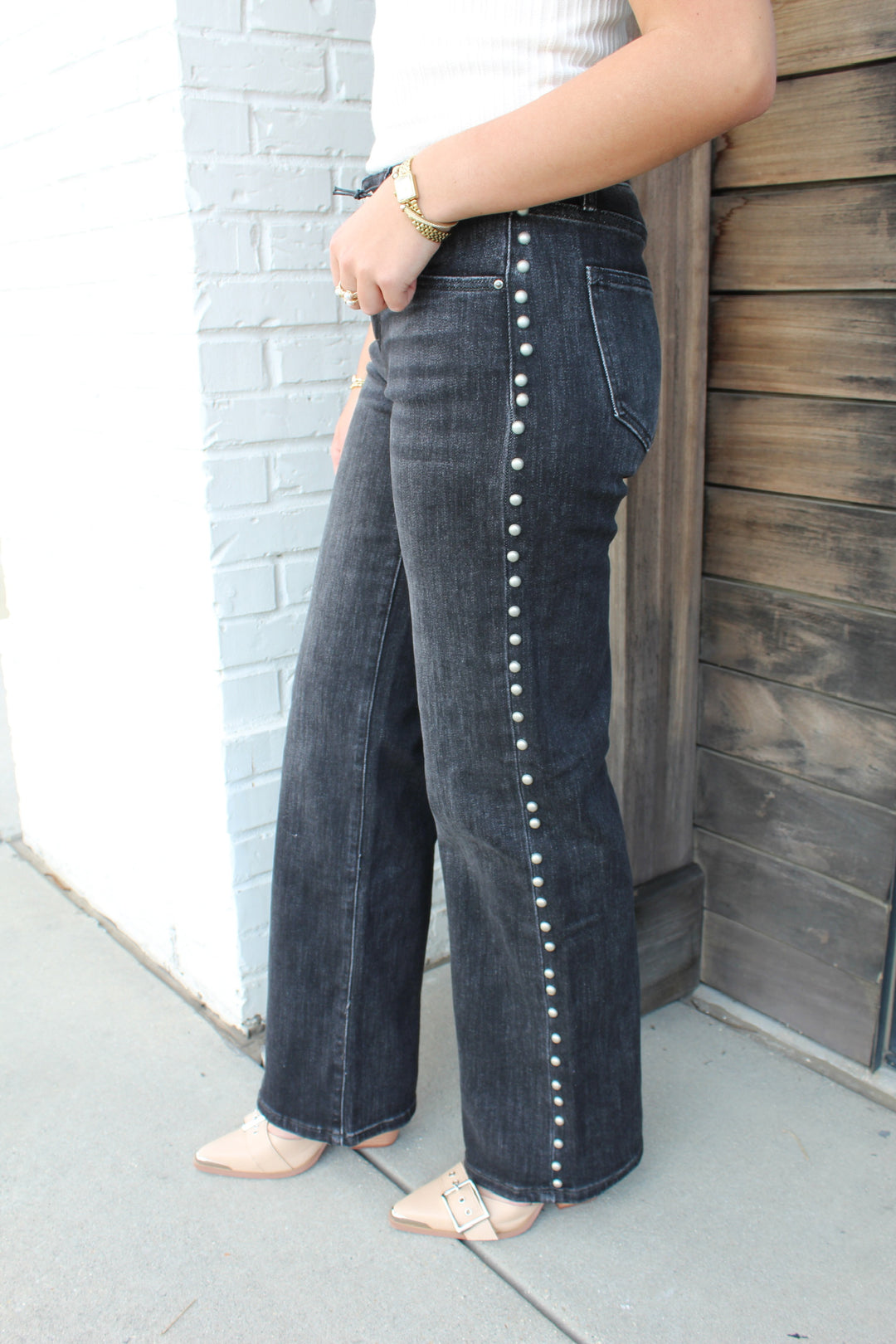 THE COLLINS BLACK MID RISE STUDDED JEAN