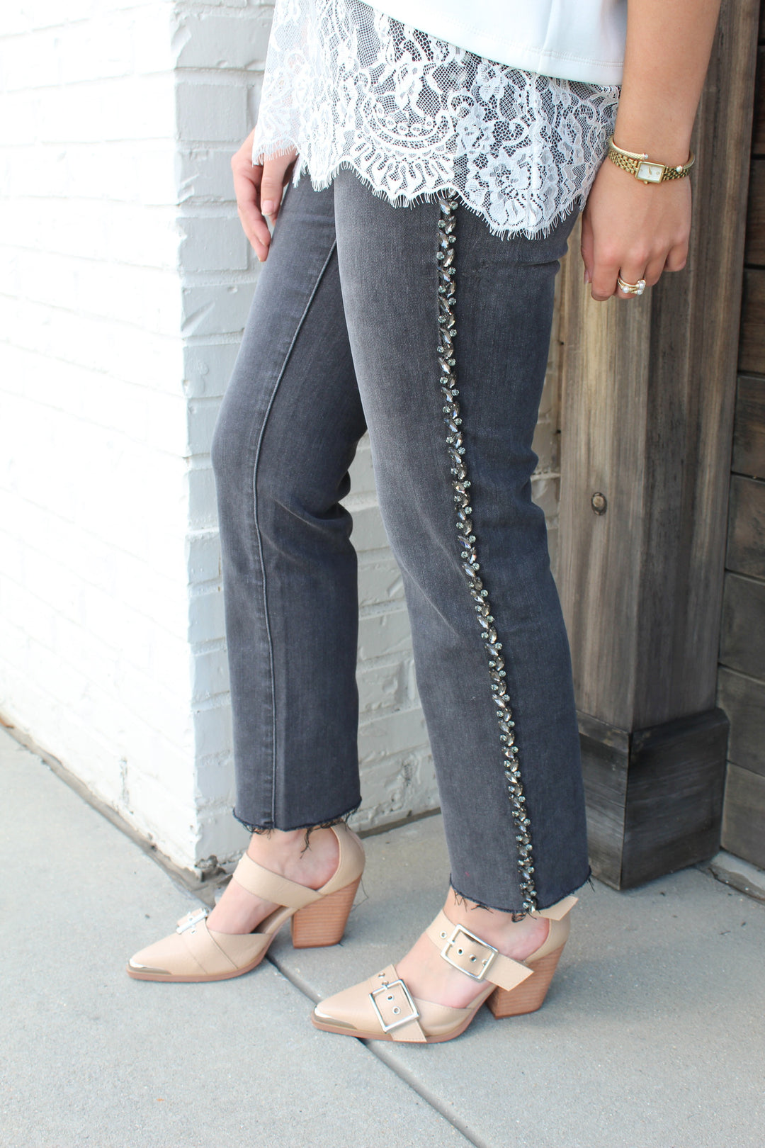BEJEWELED HIGH RISE STRAIGHT LEG BLACK JEANS