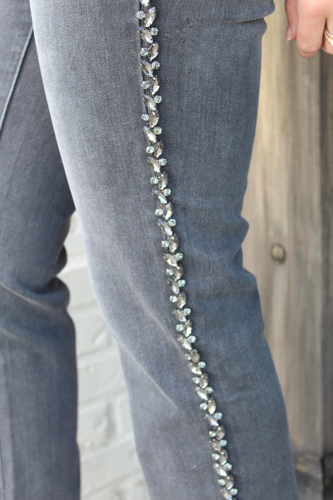 BEJEWELED HIGH RISE STRAIGHT LEG BLACK JEANS