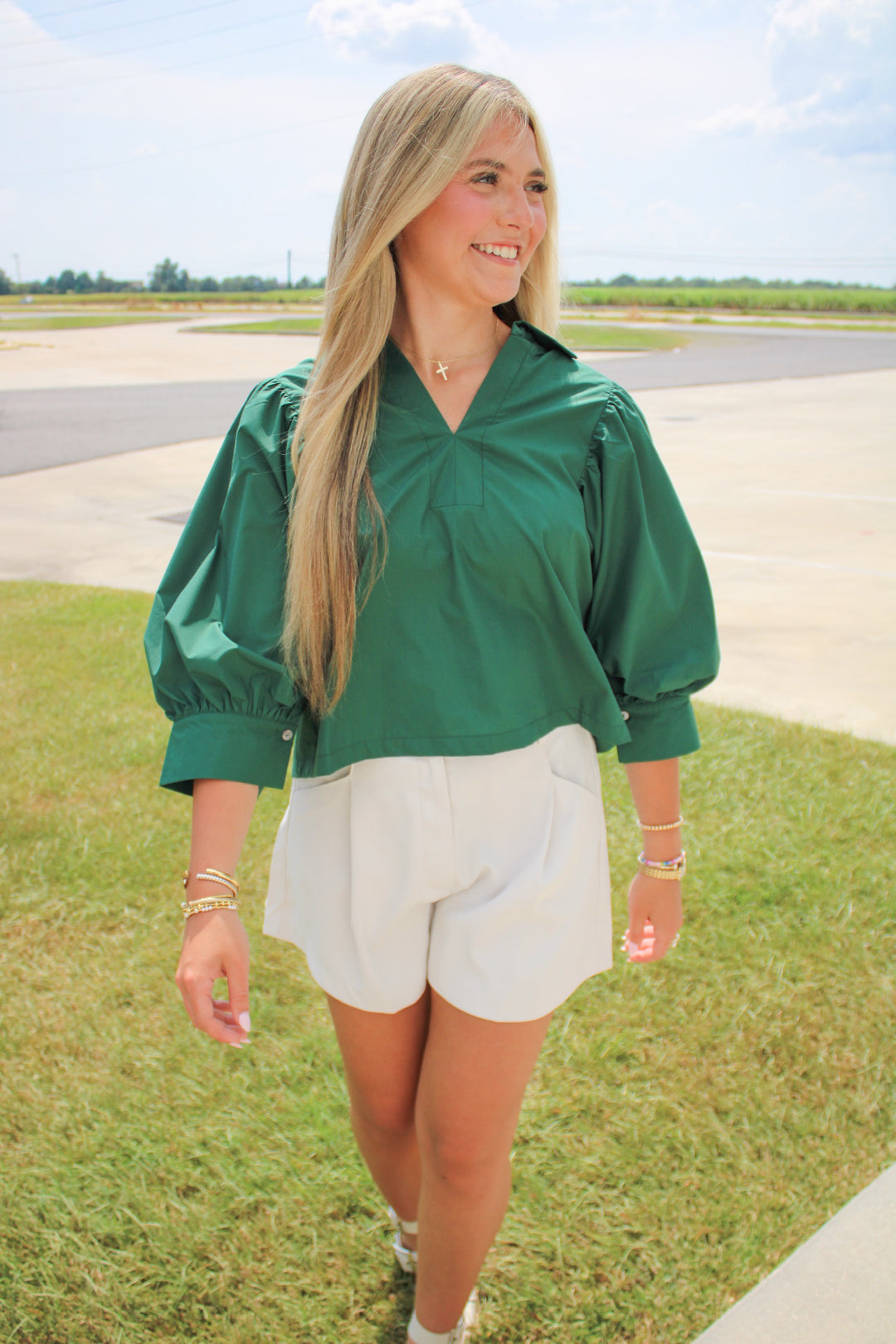EVERGREEN EMERALD PUFF SLEEVE BLOUSE
