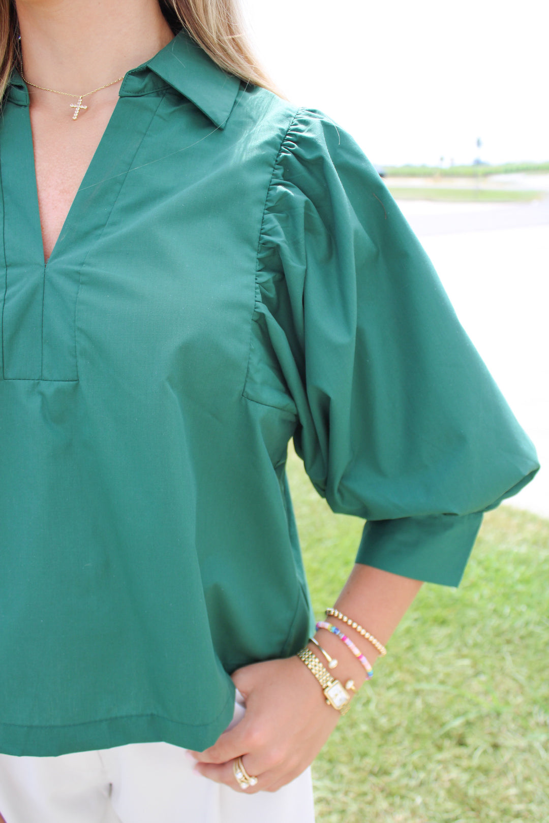 EVERGREEN EMERALD PUFF SLEEVE BLOUSE