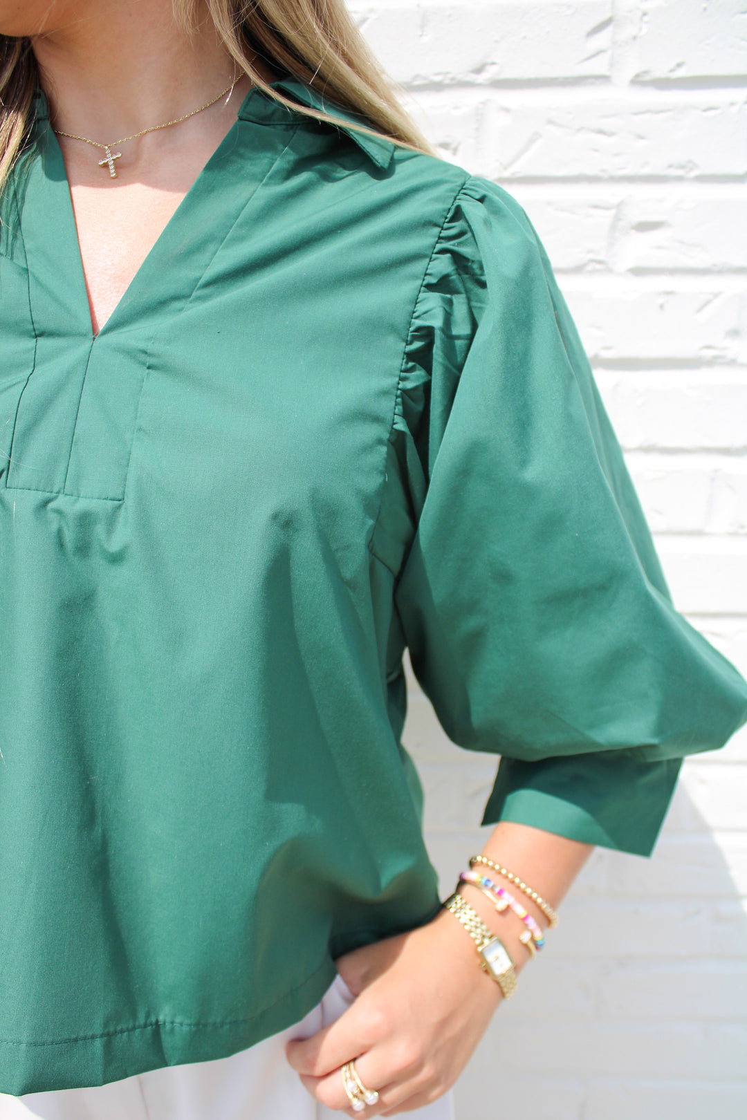 EVERGREEN EMERALD PUFF SLEEVE BLOUSE